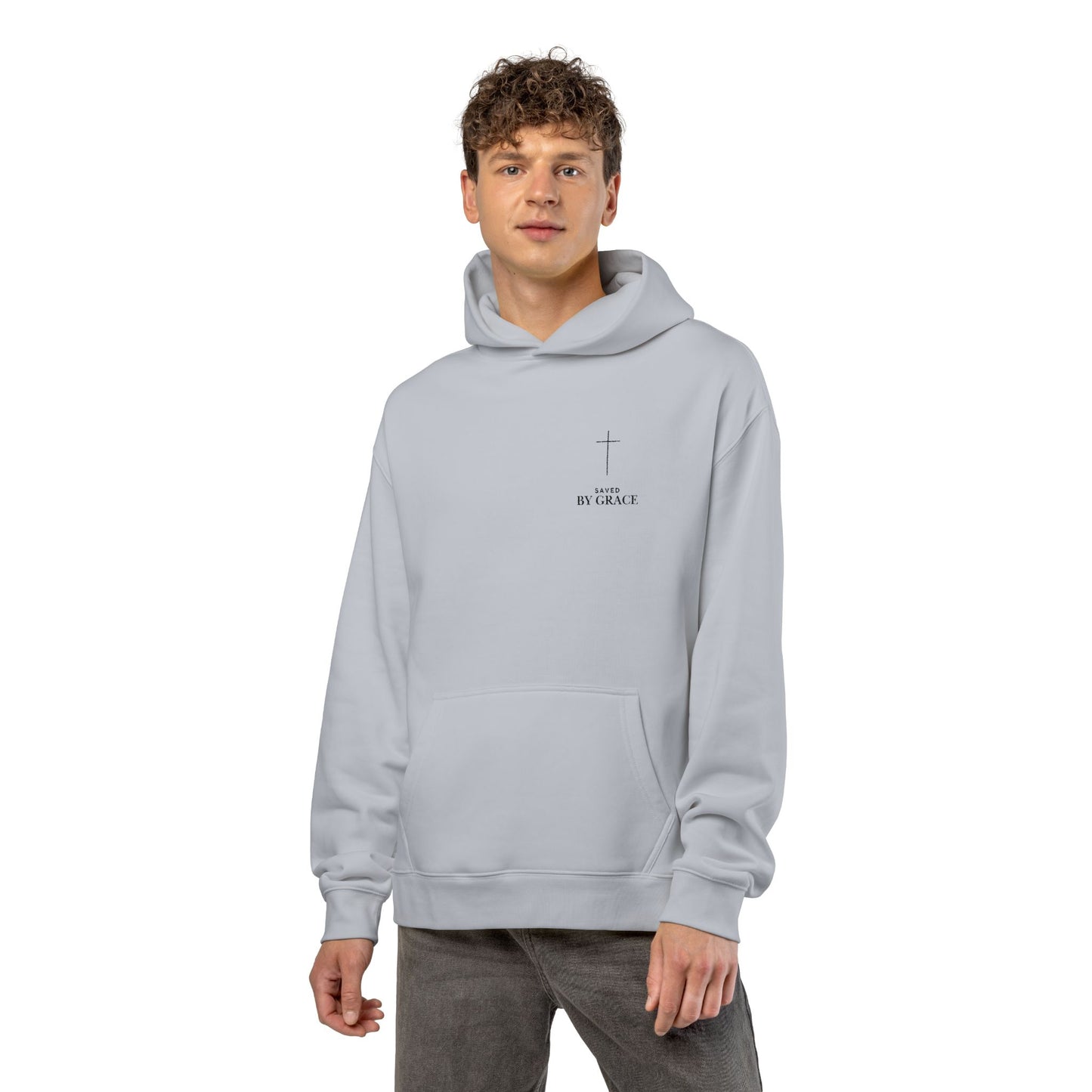 Saved by Grace Embroidered Cross Hoodie — Heavyweight Christian Comfort