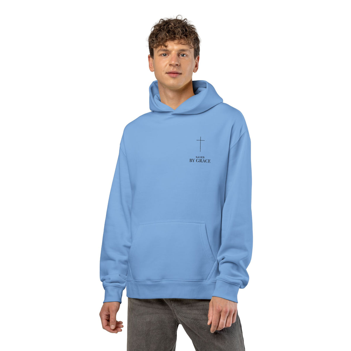 Saved by Grace Embroidered Cross Hoodie — Heavyweight Christian Comfort