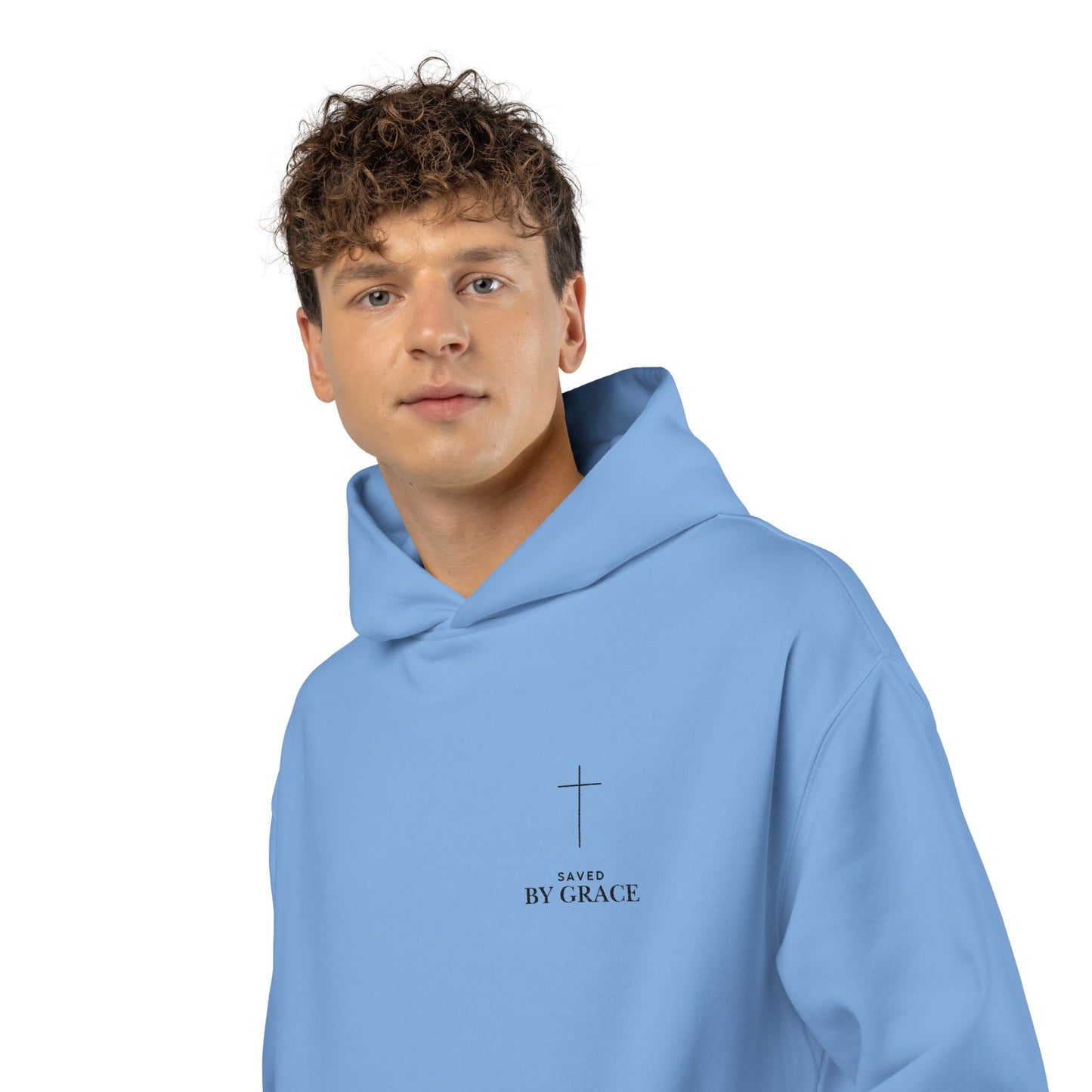 Saved by Grace Embroidered Cross Hoodie — Heavyweight Christian Comfort