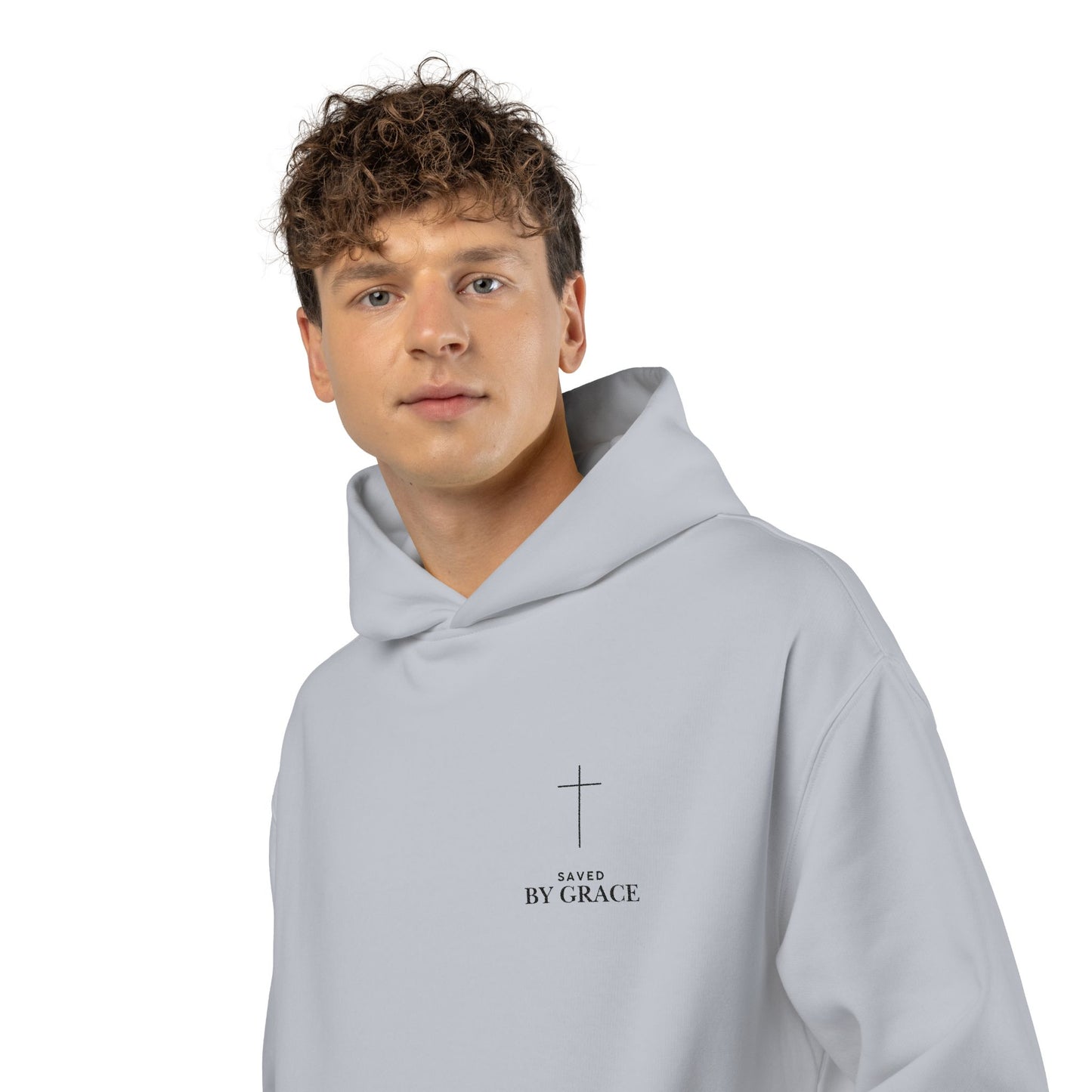 Saved by Grace Embroidered Cross Hoodie — Heavyweight Christian Comfort