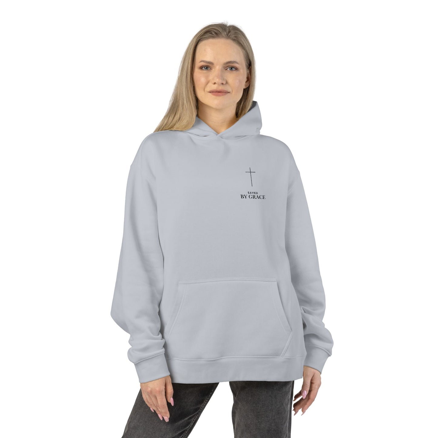 Saved by Grace Embroidered Cross Hoodie — Heavyweight Christian Comfort