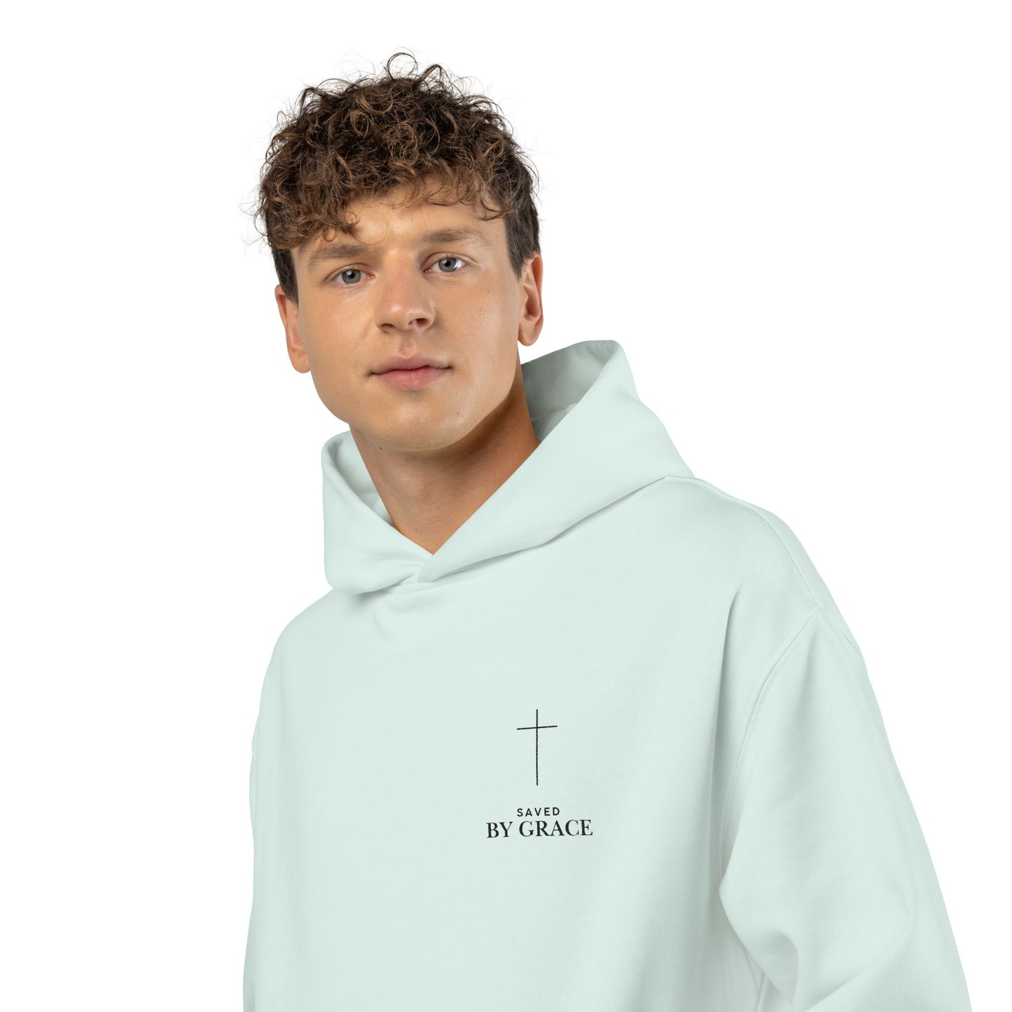 Saved by Grace Embroidered Cross Hoodie — Heavyweight Christian Comfort