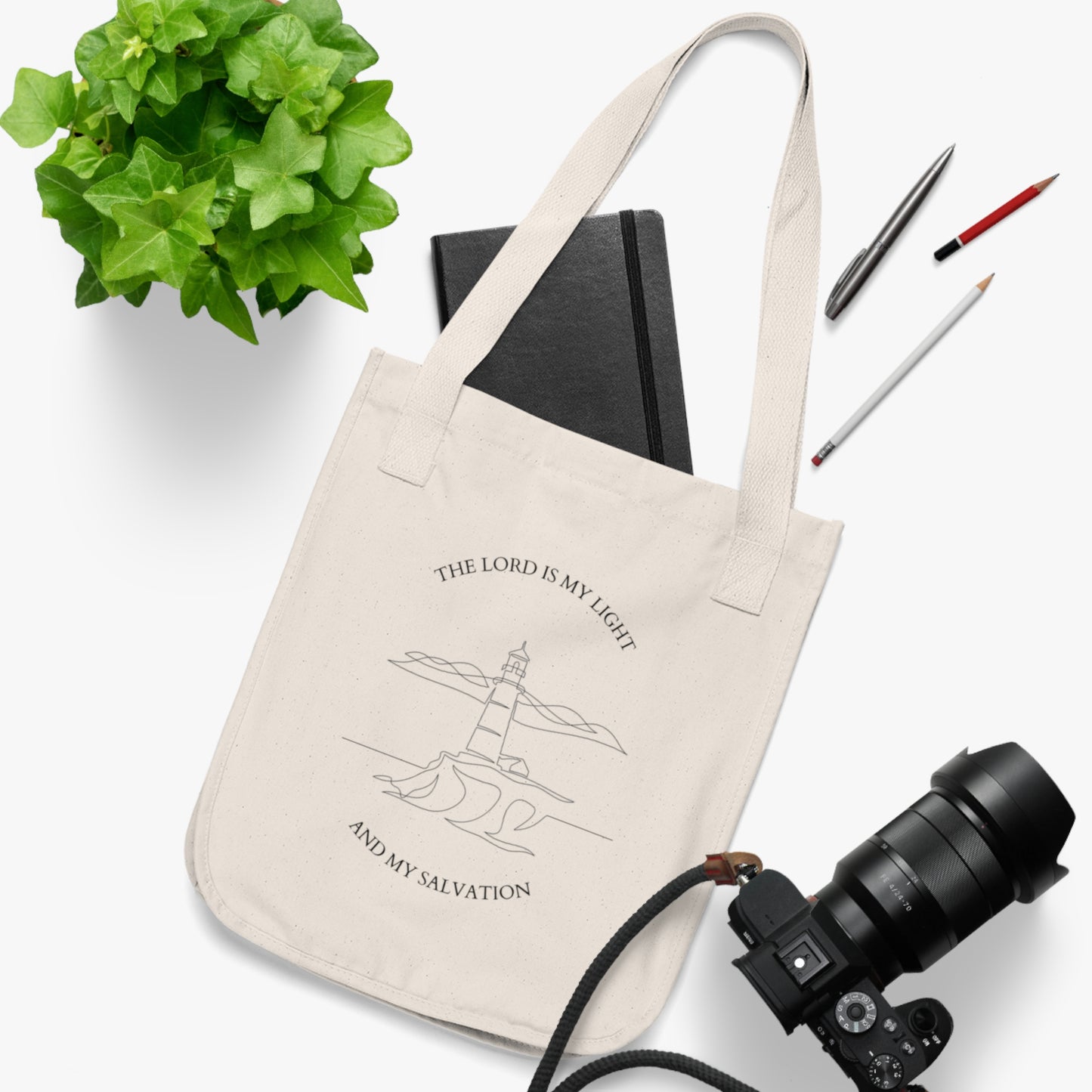 Lighthouse Organic Canvas Tote Bag, Eco-Friendly Shopping Bag, Lighthouse Design, Gift for Christians, Reusable Grocery Tote