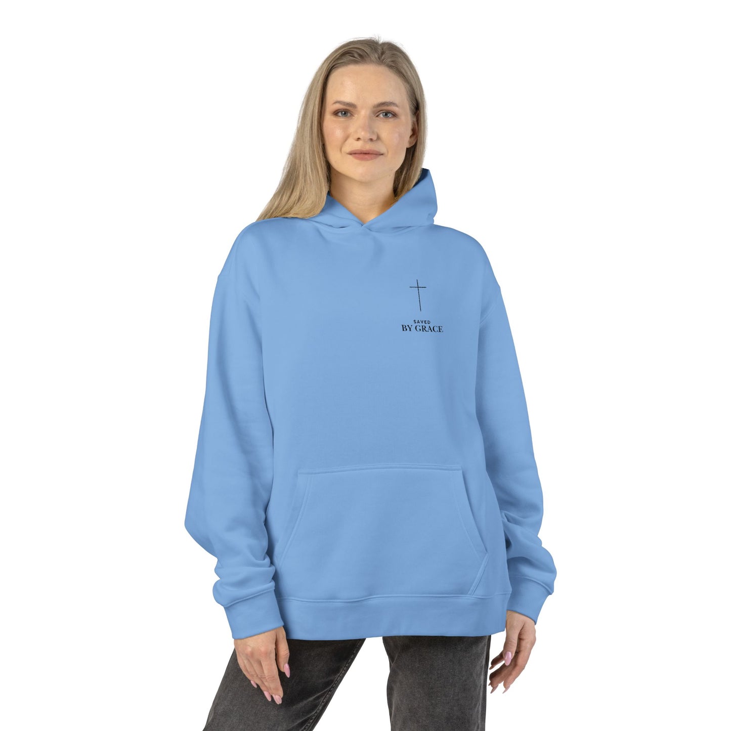 Saved by Grace Embroidered Cross Hoodie — Heavyweight Christian Comfort