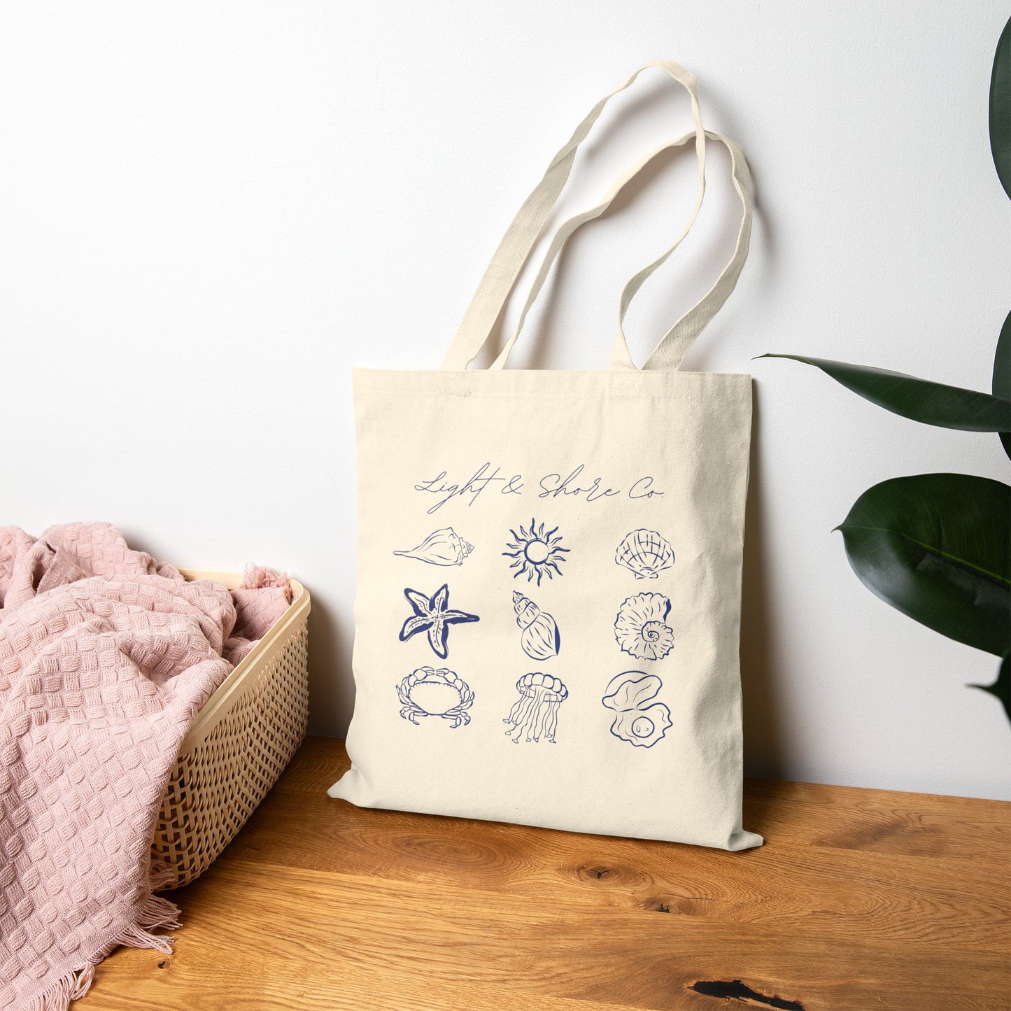 Beach-Themed Cotton Canvas Tote Bag with Ocean Icons | Ideal for Shopping, Travel, and Everyday Use | Eco-Friendly Gift