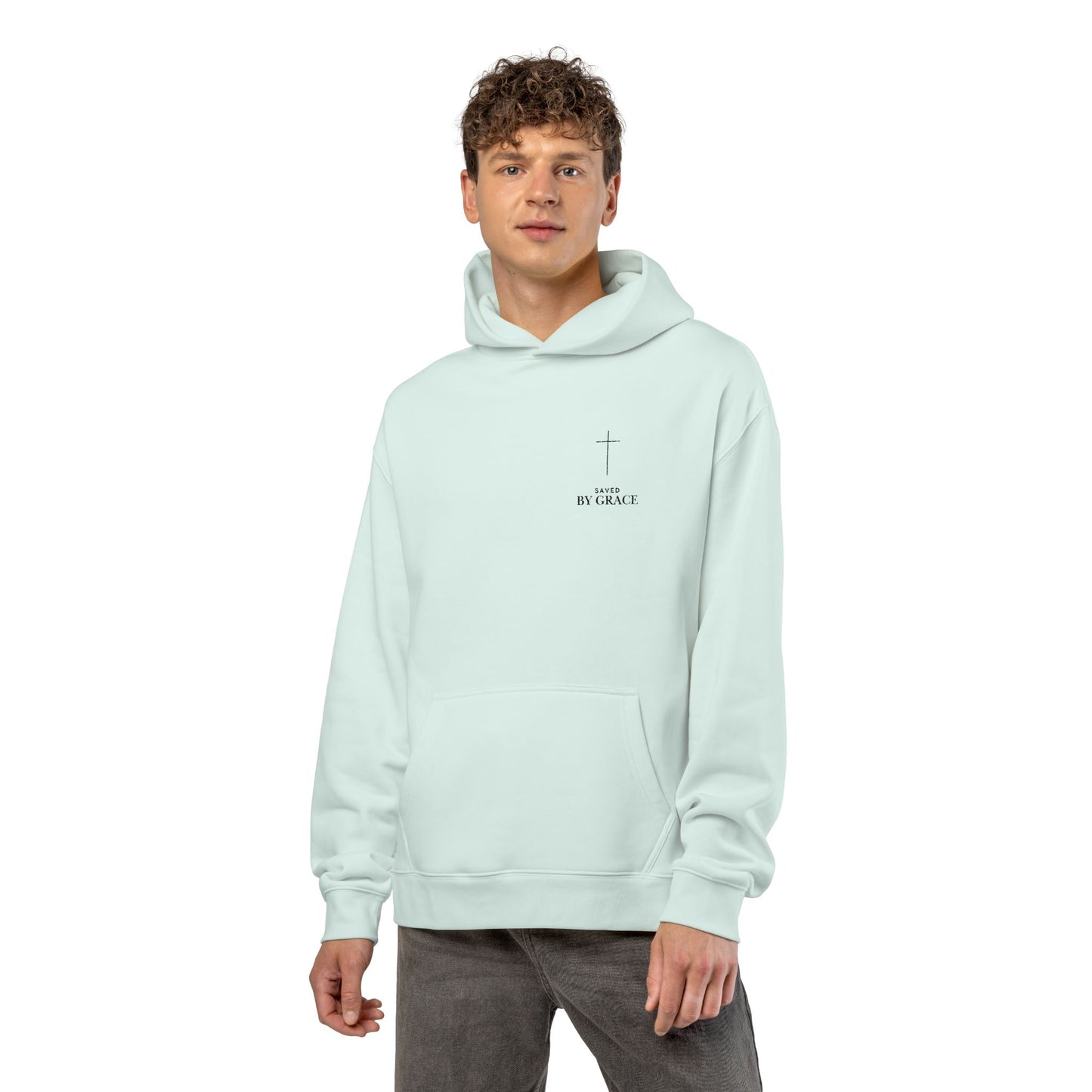 Saved by Grace Embroidered Cross Hoodie — Heavyweight Christian Comfort