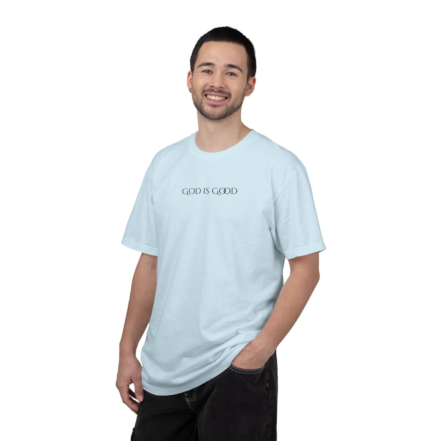 Embroidered God is Good Unisex Tee, Vintage Washed Shirt, Religious Graphic Tshirt, Faith Apparel, Inspirational Clothing