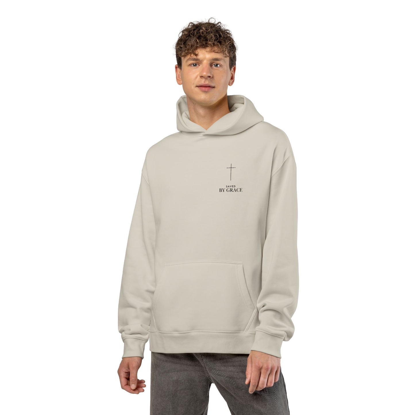 Saved by Grace Embroidered Cross Hoodie — Heavyweight Christian Comfort