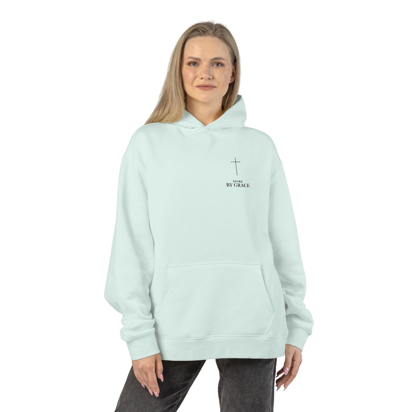 Saved by Grace Embroidered Cross Hoodie — Heavyweight Christian Comfort