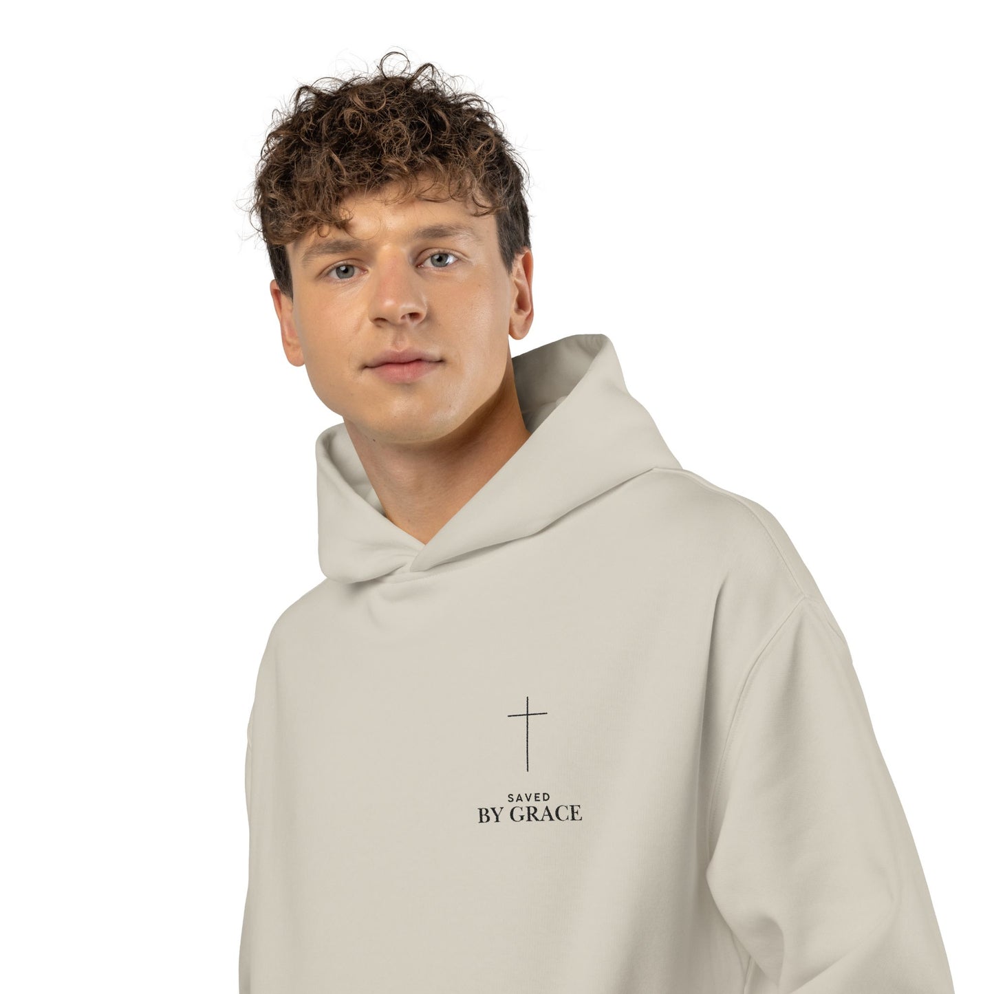 Saved by Grace Embroidered Cross Hoodie — Heavyweight Christian Comfort
