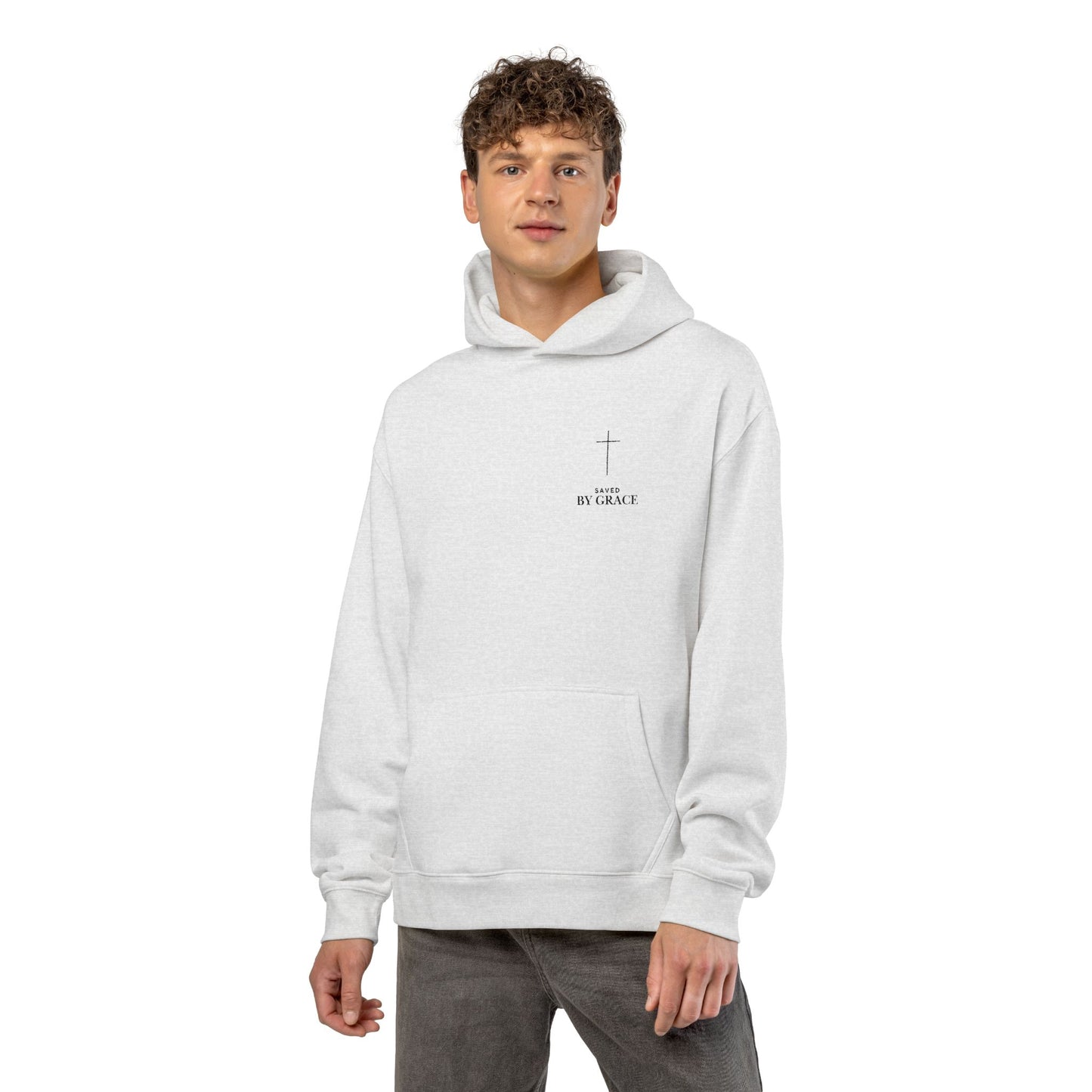 Saved by Grace Embroidered Cross Hoodie — Heavyweight Christian Comfort