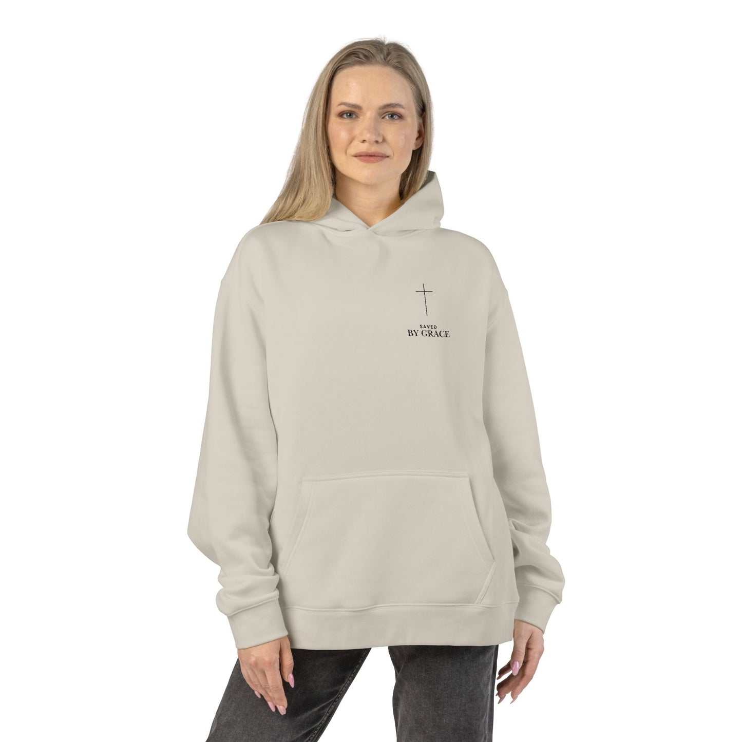 Saved by Grace Embroidered Cross Hoodie — Heavyweight Christian Comfort